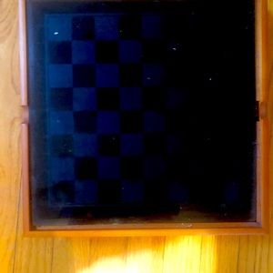 Chess checkers backgammon cribbage set glass black great condition